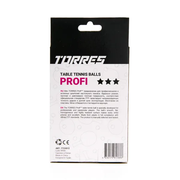 Мяч для наст. тенниса TORRES Profi 3*, TT23012, диам. 40+мм, упак. 6 шт, белый за 338.30 ₽ в Чите
